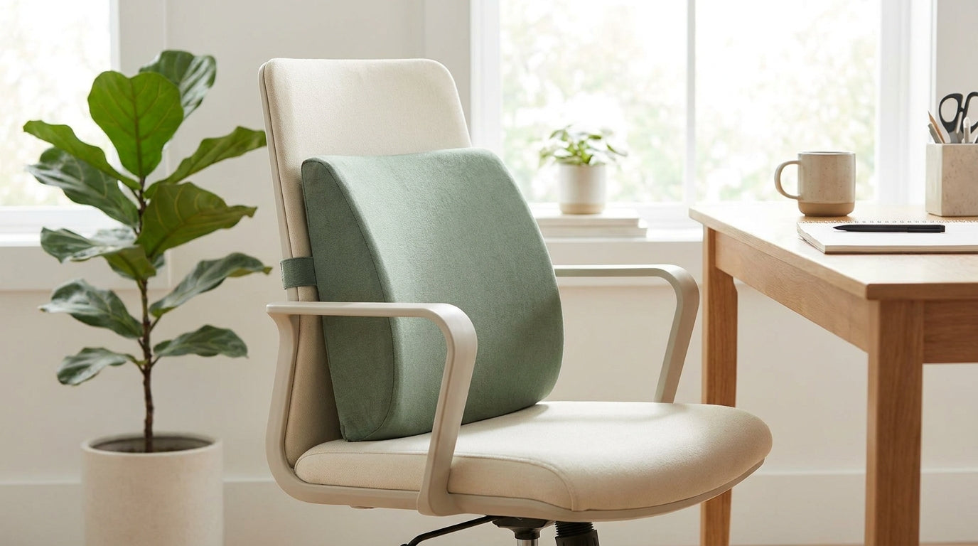 Coussin de soutien lombaire fixé au dossier d'une chaise de bureau