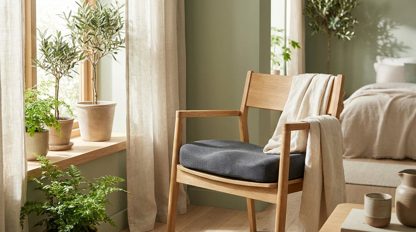Coussin à mémoire de forme ergonomique sur une chaise en bois clair