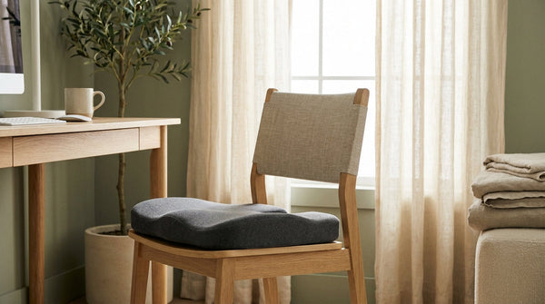Coussin d'assise ergonomique en mousse a memoire de forme sur une chaise, bureau lumineux